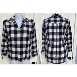 GH BASS lightweight Plaid poppover BUTTON Back roll tab sleeve HiLo women sz L